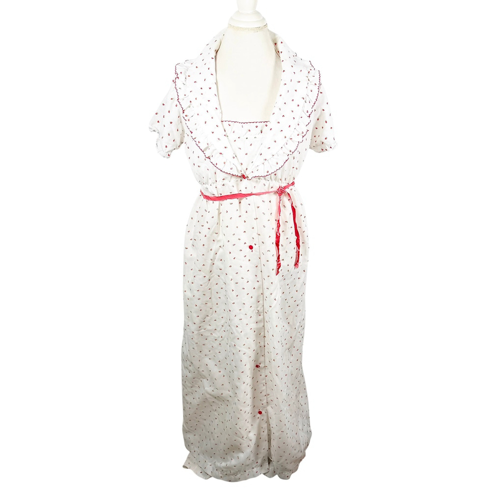 Vintage Strawberry Print Nightgown Robe Set Peignoir Pink White Cottage Size S - Picture 4 of 14